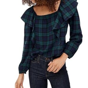 J. Crew Blackwatch Plaid Cotton Flannel Square Neckline Ruffle Top XS